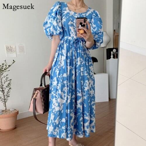 Plus Size Square Collar Ink Print Summer Dresses Women Vintage Loose Lantern Sleeve Long Dress Female Lace Up Woman Dress 13844