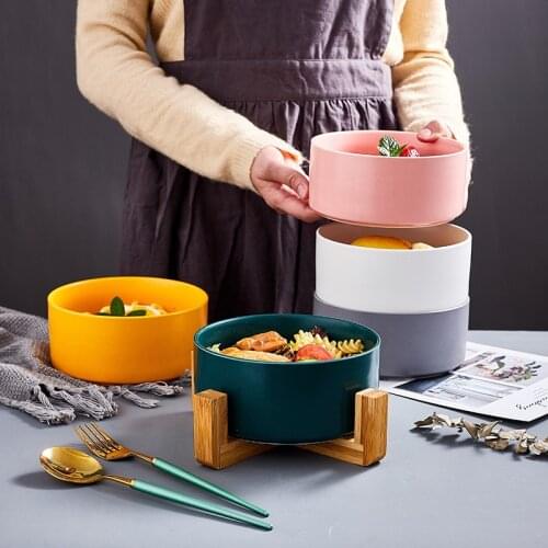 Nordic salad bowl instant noodle bowl home ceramic tableware creative dessert bowl with wood rack fruit bowl snack bowl