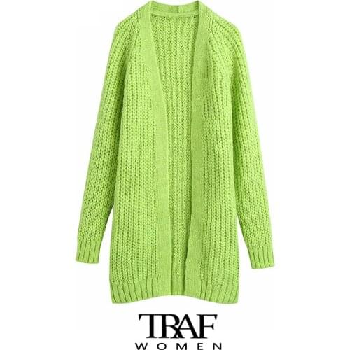 TRAF Za Women Fashion Oversized Open Knit Cardigan Sweater Vintage Long Sleeve Ribbed Trims Female Outerwear Chic Tops
