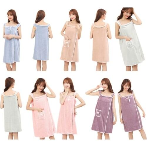 Women Coral Velvet Bath Wrap Towel with Straps Pocket Bowknot Microfiber Wearable Bathrobe Button Shower Cover Up Dress