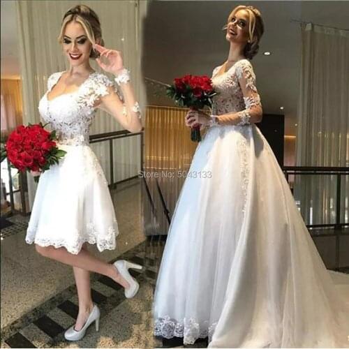 Sexy Deep V Neck Two Piece Wedding Dresses with Detachable Skirt 2021 Luxury Lace Appliques Long Sleeves Backless Bride Gowns