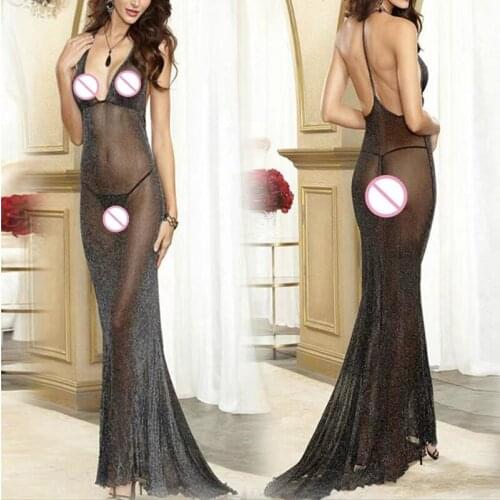 2020 Black Sexy Long Dress Europe and The United States Flash Net Yarn Fish Beauty Sling Sleep Dress Sexy Underwear Halter