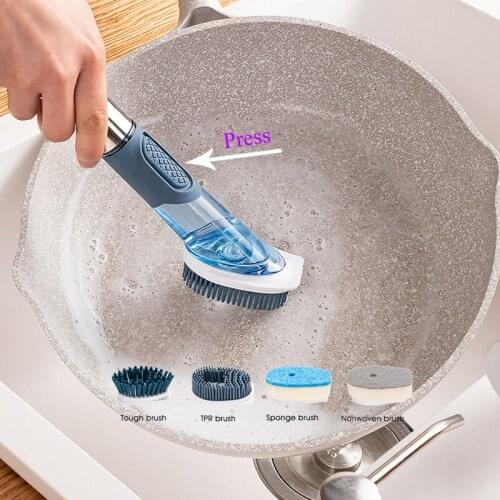 Kitchen Cleaning Brushs 4 In1 Long Handle Cleaing Brush with Removable Sponge Dispenser Silicone Dish Washing Dishes Brush Tools
