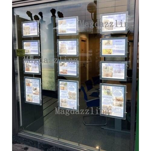 9PCS A4 + 3PCS A3 One Side Magnetic Acrylic Frame LED Illuminated Window Hanging Light Boxes for Real Estate Agent Window