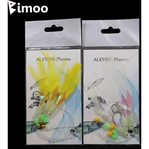 Bimoo 2 Packs Luminous Fish Head Lure Tied Colored Chicken Hair 2/0 String Hook Freshwater Saltwater Fishing Sabiki Rigs