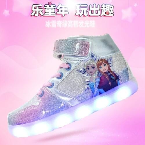 Disney cartoon Frozen middle cut childrens sports shoes girls casual shoes autumn new hot sale LED light flash baby elsa shoes