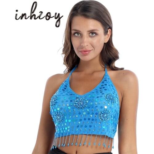 Women Sequins Halter Lace-Up Beaded Tassels Padded Bra Performance Festival Rave Party Sexy Crop Tops Latin Belly Dance Costume