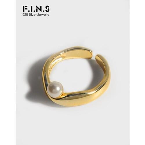F.I.N.S Korean INS Design Glossy S925 Sterling Silver Open Rings Simple Arc-Shaped Simulated Pearl Decoration Finger Rings