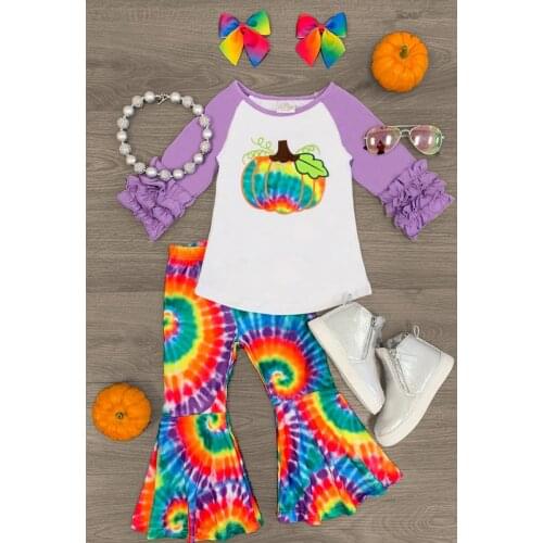 FOCUSNORM Halloween Girls Lovely Clothes Set Ruffles Long Sleeve Pumpkin Pullover T Shirts Tie-dyed Printed Flared Pants 1-6Y