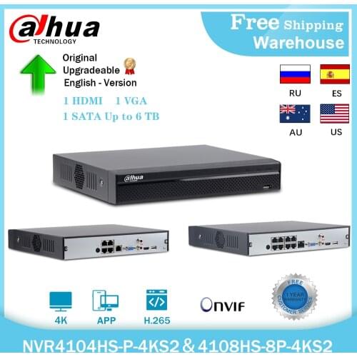Dahua 4K 8MP NVR4104HS-P-4KS2 NVR4108HS-8P-4KS2 8CH 16CH POE H265+ Security Video Recorder For IP Camera System Kit
