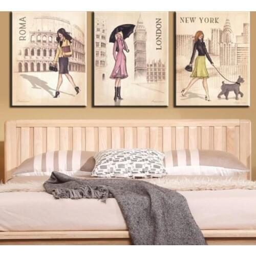 ROMA LONDON NEW YORK Newspaper Style Girl and Dog Travel Girls Canvas Painting Decorations for Home Wall Decor Oil Painting