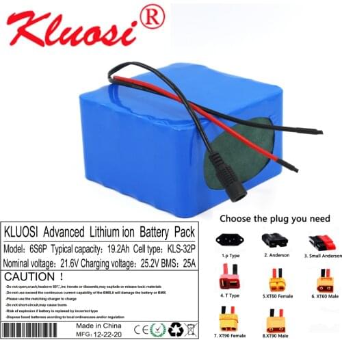 KLUOSI 6S6P 24V 19.2Ah 21.6V 20Ah 25.2V Lithium Battery Pack with 25A BMS for Electric Bicycle Ebike Scooter Wheelchair Cropper