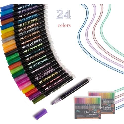 24 Colors Outline Metallic Marker Out Line Paint Permanent Marker Pens School Supplies for Gift Card Rock Wood Painting Writing
