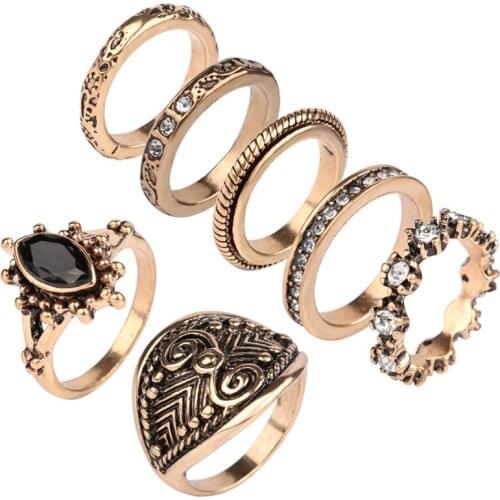 MIQIAO Silver Plated Black Stone Carved Retro Boho Indian 7 Rings Set for Women Wedding Couple Friends Gift Fashion Jewelry Bagu