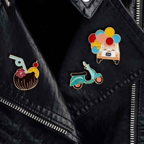 Cartoon Mini electric car Pumpkin beverage juice Colorful balloon bus Metal brooch Lovers Friends Children Cute Accessories