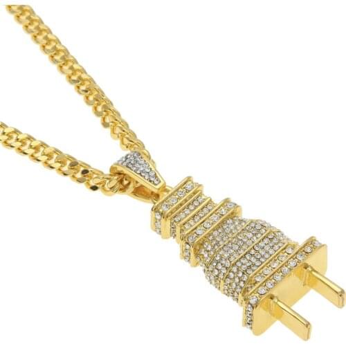 Hip Hop Bling Ice Out Full Rhinestones Plug Pendants Necklace for Men Rapper Jewelry with 28inch cuban chain Gold Silver color