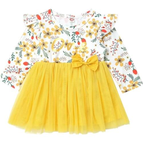 Princess Autumn Winter Infant Baby Girls Dresses Printed Floral Long Sleeves Newborn Baby Clothes Birthday Tulle Mesh Dress