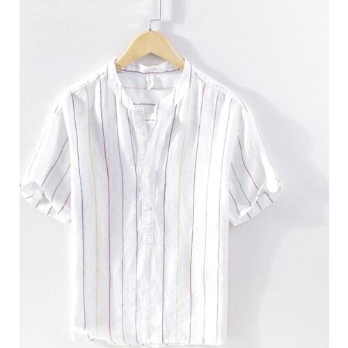 100%Linen Striped Pullover Short Sleeve Shirt for Men Summer New Chinese Stand Collar Tops Male Fashion Casual Hemp Shirt