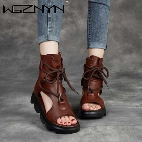 New Design Fashion Women Sandals Summer Shoes 2021 Open Toe Genuine PU Leather Back Zipper Wedges Platform Casual Sandals
