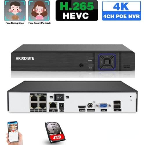4K POE NVR 4CH Face Recognition CCTV POE Network Surveillance Video Recorder H.265 8MP 4 Channel NVR Security Camera System 5MP