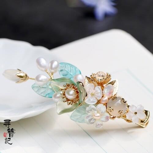 Vintage blue flower handmade pearl hairclip pin accessories Headwear up do hair for kimono hanfu COSPLAY XZ
