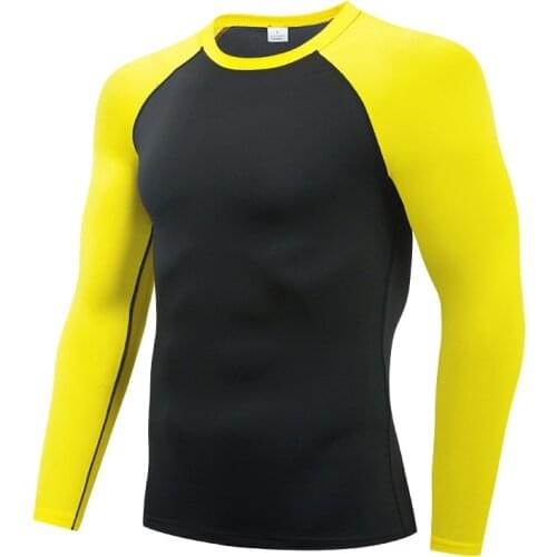 Yellow Running t shirt Mens Rashgard Long Sleeve Gym Shirt Sportswear Compression Dry Fit shirts Men Fitness Sport T-Shirts