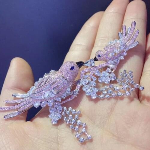 Pink color 925 sterling silver with cubic zircon double birds brooch pins fine women jewelry free shipping