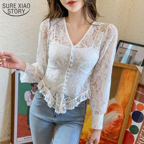 Deep V Neck Long-sleeved Short Shirt French Court Princess Style Splicing Ruffled Lace Shirt Womens Large Size 5XL 14027