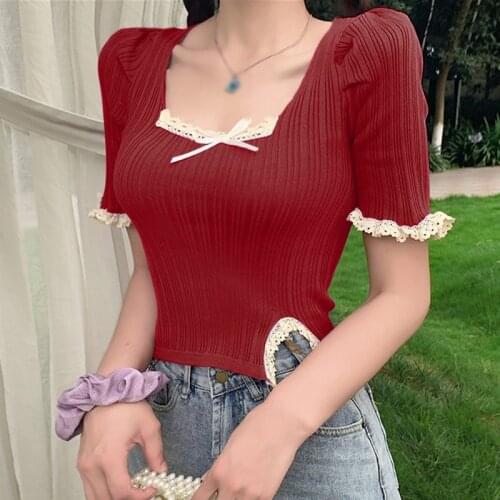 Sexy Lace Stitching Slim T Shirts Short Sleeve Knitted Tee Tops Women Square Neck T-Shirts Crop Top