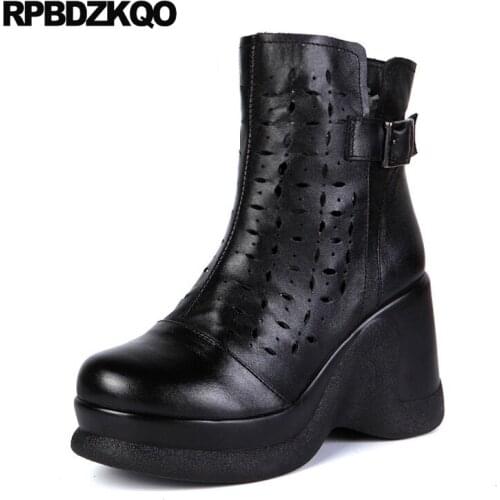 Booties Black Wedge Women Metal Sexy Fall Ankle Side Zip Boots Size 34 Platform Luxury Autumn Cut Out New Ladies Fashion 2017
