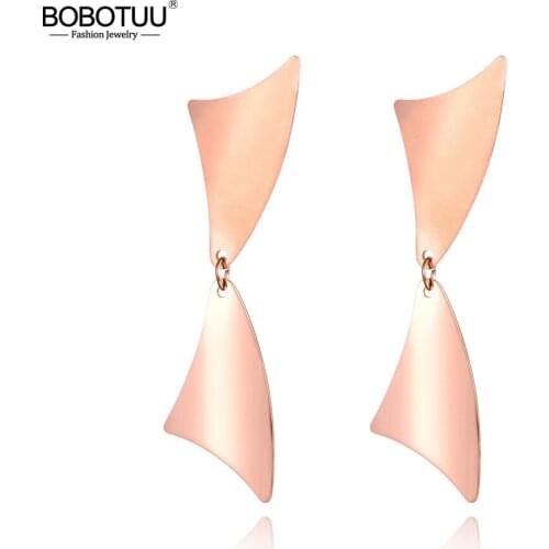 BOBOTUU Frosted Surface Curved Double Triangle Geometry Stainless Steel Earrings For Women Rose Gold Jewelry Pendientes BE19008