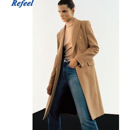 Za Winter Long Coat Trench Women Lapel Collar Camel Double Breasted Long Sleeve Jacket Vintage Pockets Casual Ladies Coats