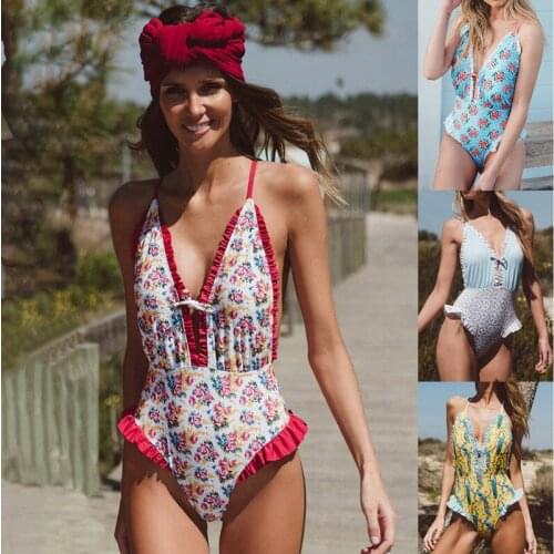 Sexy deep v neck vintage women flower floral lace swimsuit one piece high waist bandage backless swimwear women push up ruffle