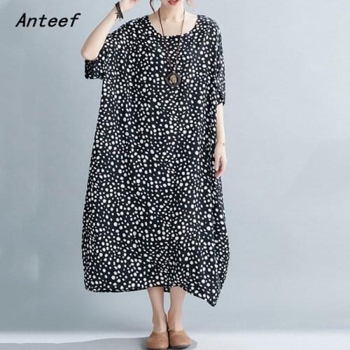Short sleeve cotton satin vintage Dot dresses for women casual loose long summer beach dress elegant clothes 2021