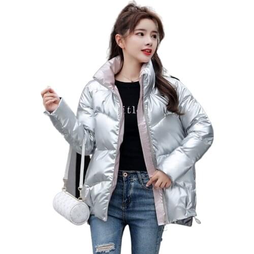 2020 Jacket Women Winter Fashion Warm Thick Solid Short Style Cotton padded Parkas Coat Silver Stand Collar plus size S-3XL