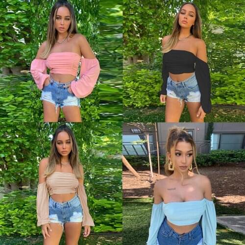 2021 New women T-shirts sexy and club fashion female T-shirt long sleeve off shoulder solid color lady Tshirt autumn basic tees