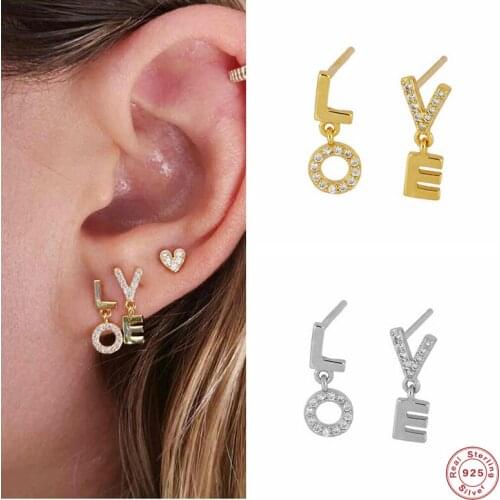 Aide 925 Sterling Silver LOVE Letter Mismatched Stud Earrings White CZ Crystal Alphabet Charm Ear Studs Valentines Gift For Her