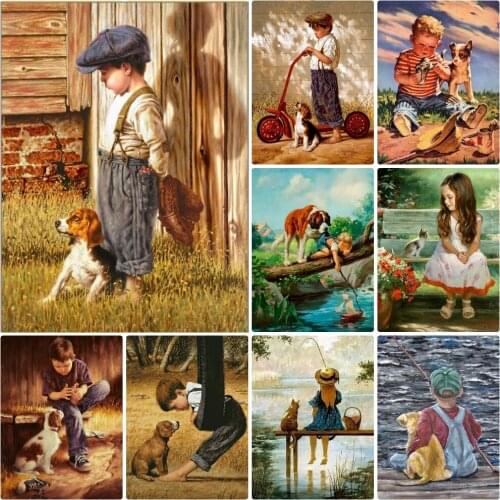 5D DIY Diamond Painting Child And Puppy Cross Stitch Rhinestone Diamond Embroidery Animal Wall Art Needlework Crafts Home Decor