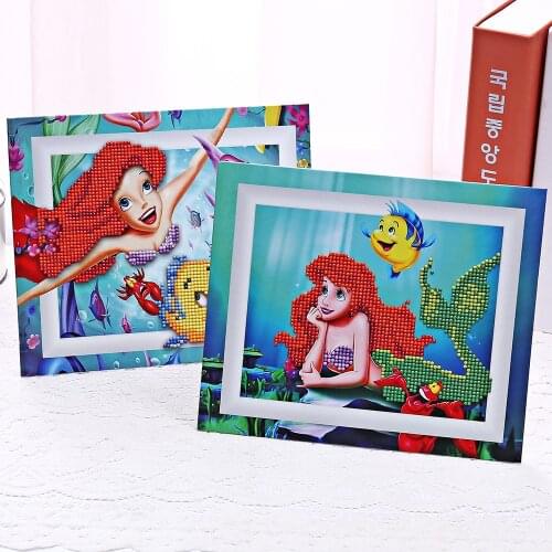 DIY Diamond Painting Cross Stitch Pattern Mosaic Crystal 5D Mosaic Embroidery Girl Cartoon Clownfish Little Mermaid With Frame
