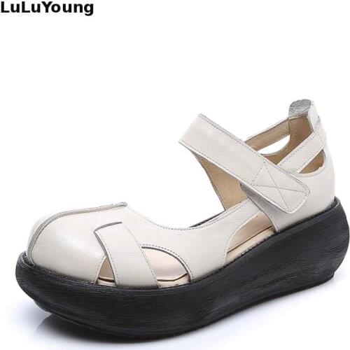 Summer Comfortable Sandals Female Round Toe Leisure Shoes High Heel Wedges Sandals Platform Shoes Genuine Leather