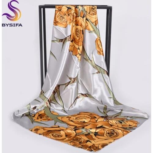 [BYSIFA] Grey Gold Silk Scarf Shawl Women Elegant Muslim Hijab Scarf New Brand Fall Winter Roses Design Head Scarf Cape 90*90cm