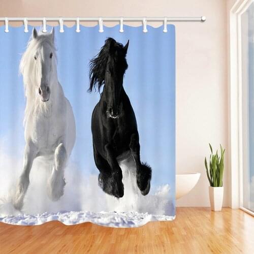Black and White Horse Shower Curtains Snowfield Running Strong Animal Bathroom Decor Hang Cloth Curtain Set Waterproof Polyester