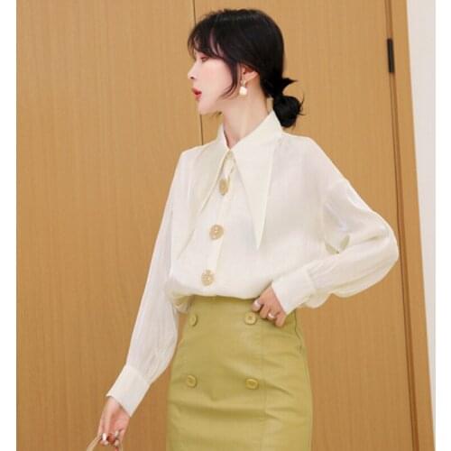 Design Button Retro Chiffon Shirts Female Tops Autumn New Fashion Korean Style Women White Blouse Big Turn-Down Collar
