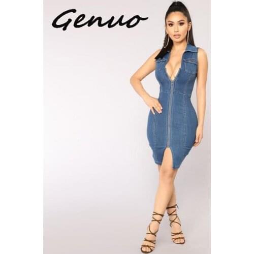 Genuo High Street Sleeveless Turn-Down Collar Denim Dress Women Sexy Zipper Front Sheath Vintage Blue Jeans Vestido Club Wear