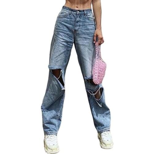High Waist Jeans Women Streetwear Straight Jean Loose Destroyed Hole Denim Mopping pants Casual Vintage Wide leg Jeans Trousers