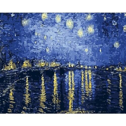 Framed Picture By Numbers River starry sky Landscape Paint Canvas Picture Oil Painting By Numbers Sea Handpainted Home Decor art