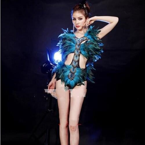 Dj Ds Feather One Piece Costume Peacock Wool Photography Services DJ Rave Outfit Performance Costume Velvet Jumpsuit Prom 2020