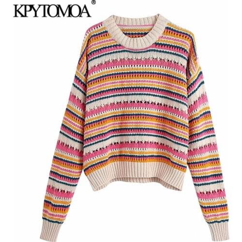 KPYTOMOA Women 2021 Fashion Striped Loose Crop Knit Sweater Vintage O Neck Long Sleeve Pullovers Chic Tops