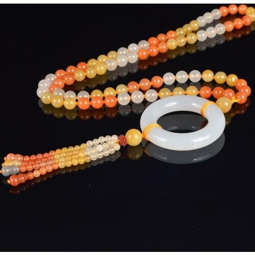 Natural hand-woven colorful jade pendant necklace round jade beads with tassels jade jewelry white and gold party goods
