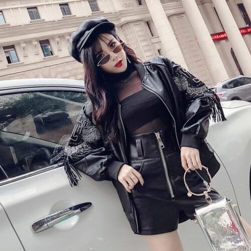 Tassel Rivet Oversized Jacket Faux Leather Jacket Women Moto Coat Black Biker jaquetas couro Casaco chaqueta womens jacket Y441
